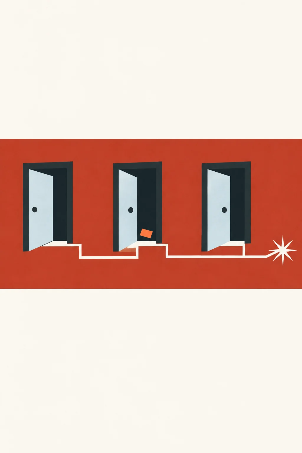 Illustration of three open doors joined by a fuse, with a small gift card