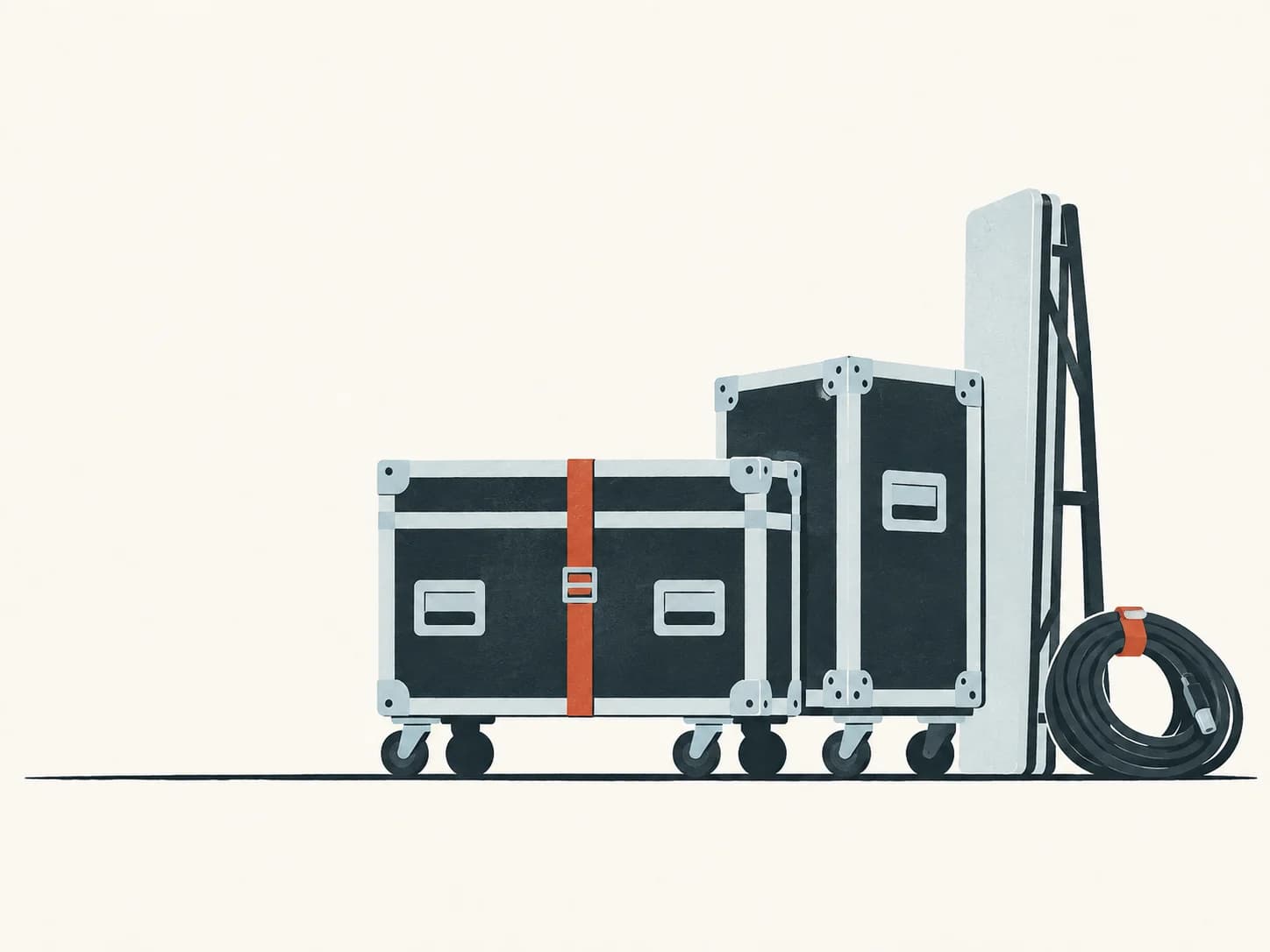 Illustration of packed road cases, a folded table and a neatly coiled cable